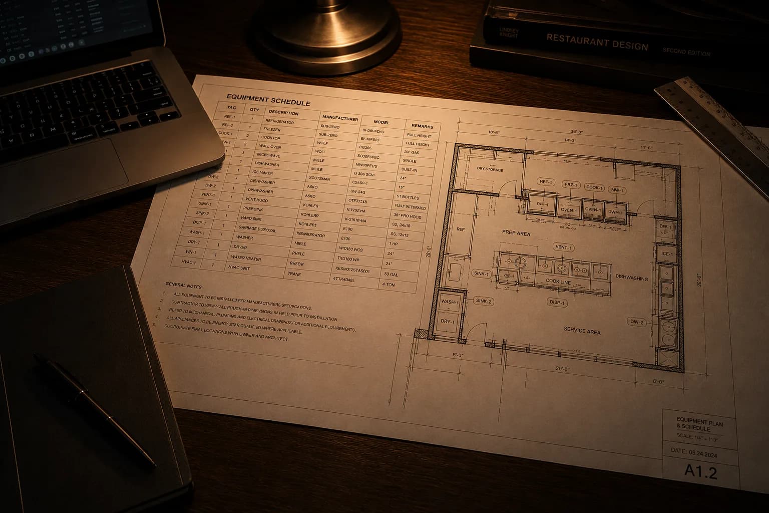 An equipment schedule and floor plan for a commercial kitchen laid out on a desk