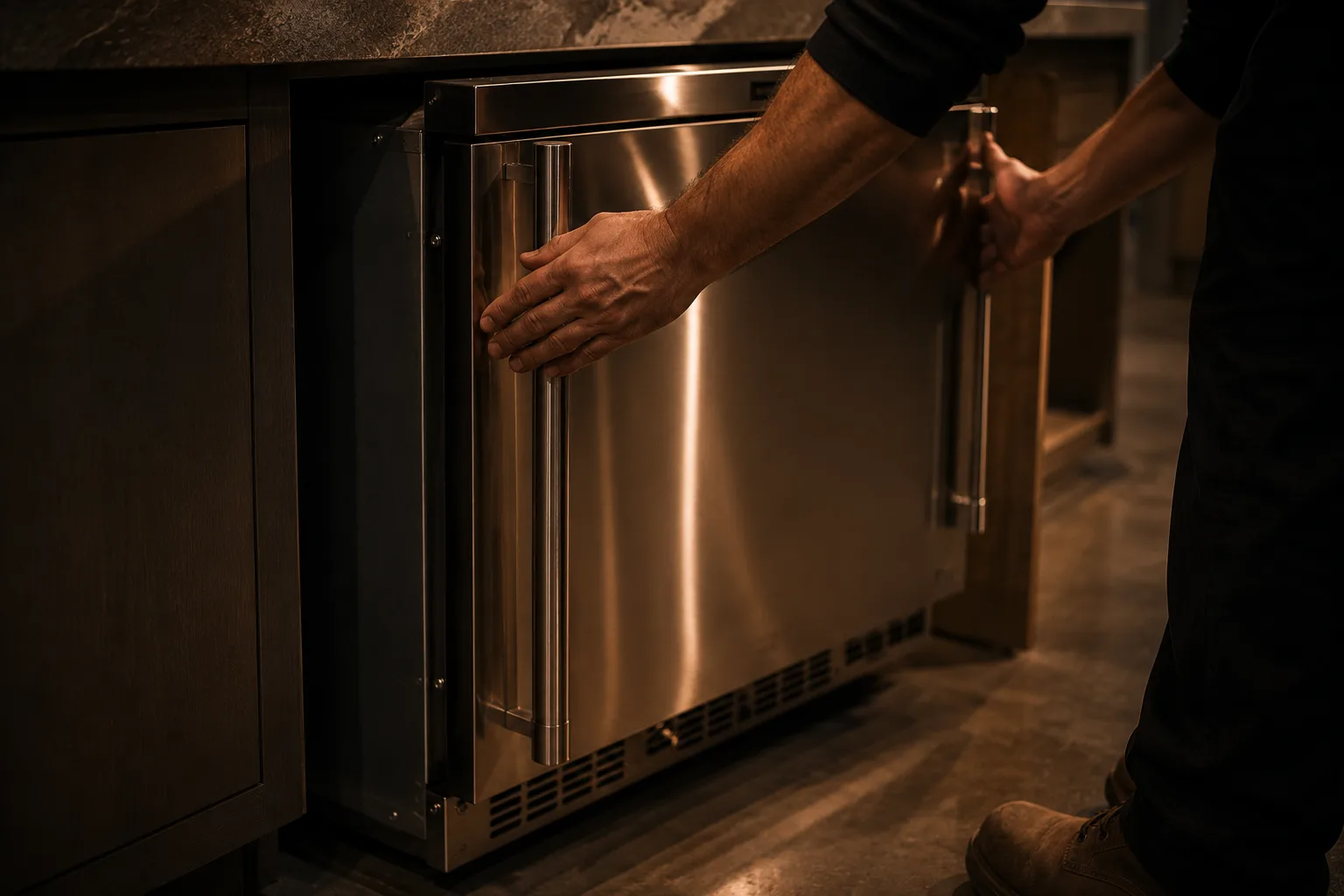 An installer setting a commercial range into a finished kitchen opening